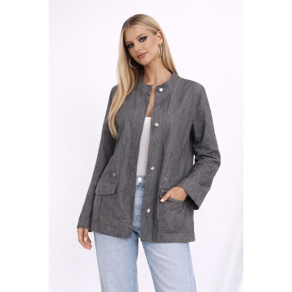 Sandro Grey Denim Utility Jacket Mock Neck Snap Front Coat Women Large XL